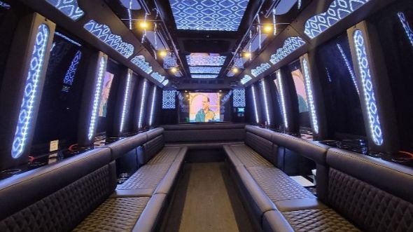 Interior of Charter Bus Company Aurora's 50 Passenger Party Bus in Aurora